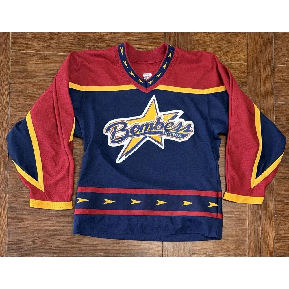 Vintage ECHL Dayton Bombers CCM Hockey Jersey Size Small Navy #21 Nichols